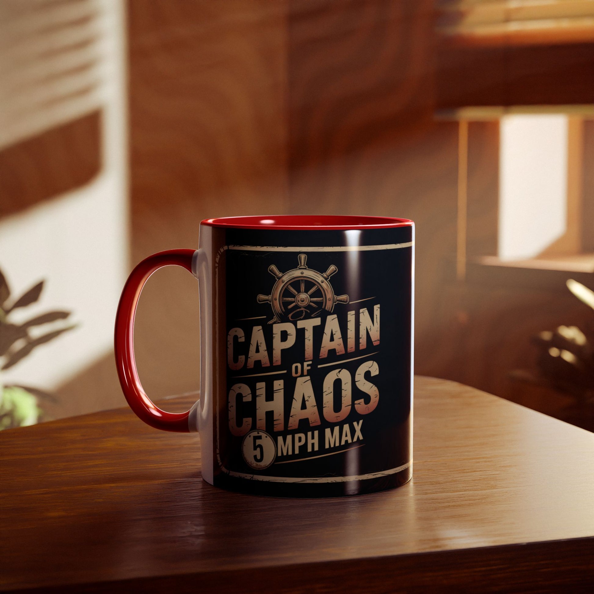 Mug with "Captain of Chaos 5 MPH Max" text on a wooden surface