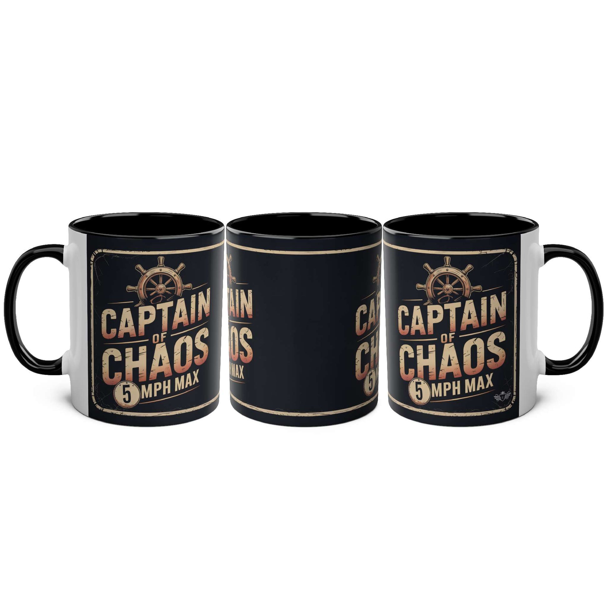 Three black mugs with "Captain of Chaos" text and design on a white background