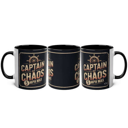Three black mugs with "Captain of Chaos" text and design on a white background