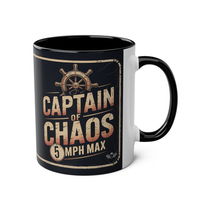 Mug with "Captain of Chaos 5 MPH Max" design on a white background