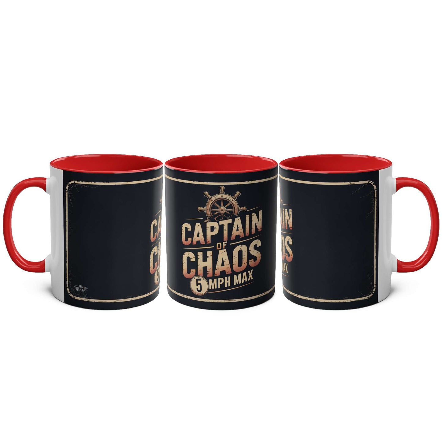 Three mugs with a "Captain of Chaos" design on a white background