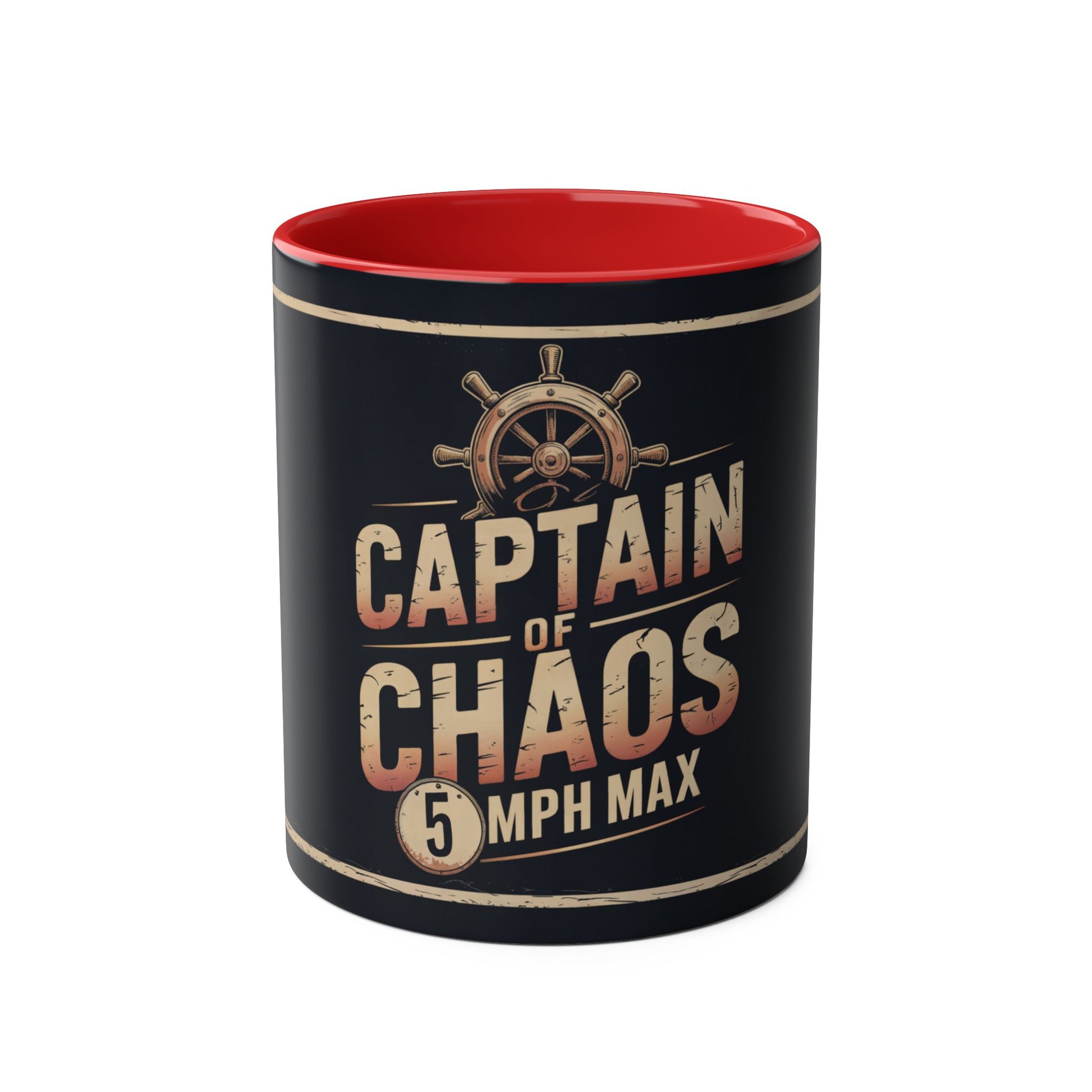 Mug with "Captain of Chaos, 5 MPH Max" text and  wheel design on a white background