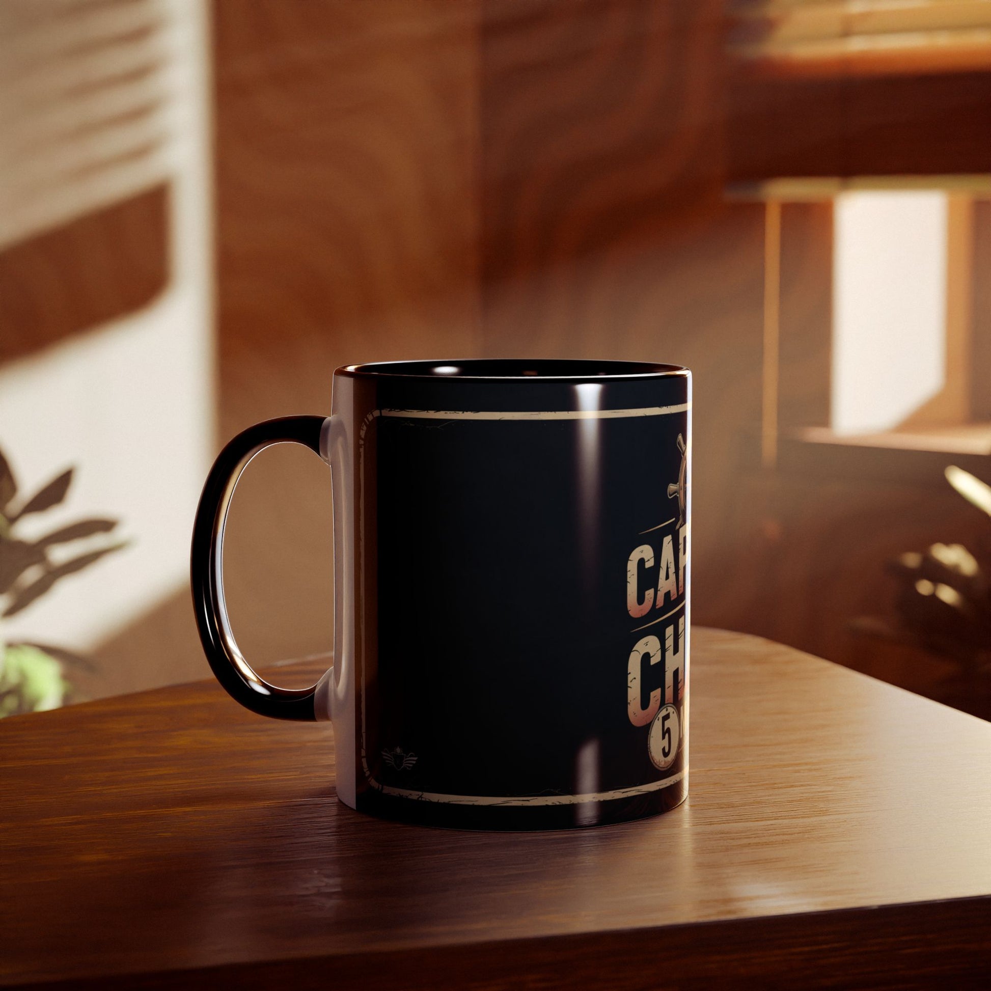 Black mug with text on a wooden surface