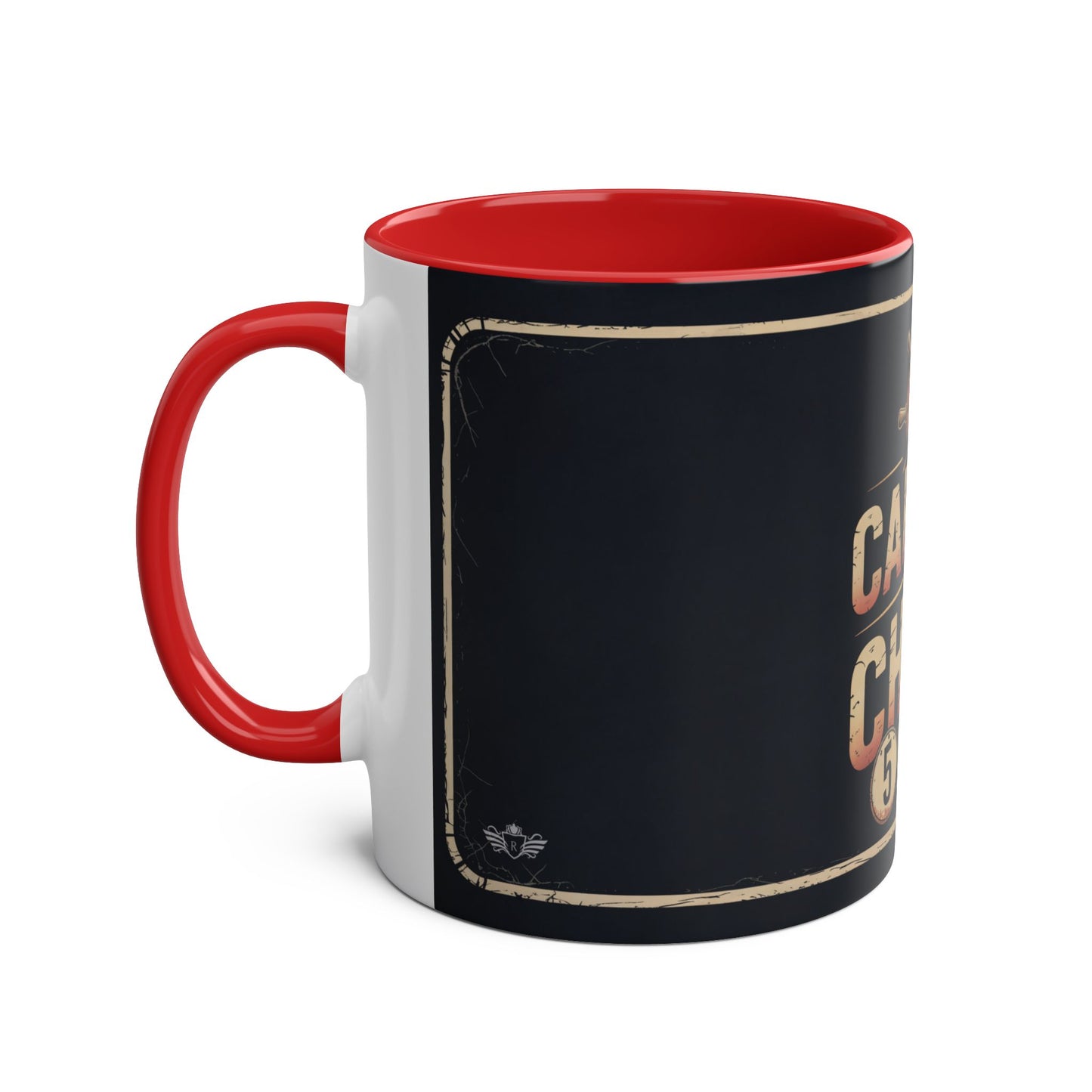 Mug with red interior and handle, black exterior with text, on a white background