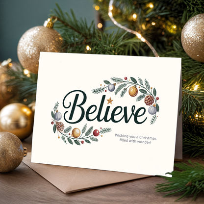Christmas card with the word "'Believe" and festive decorations on a tree background