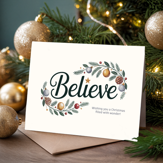 Christmas card with the word "'Believe" and festive decorations on a tree background
