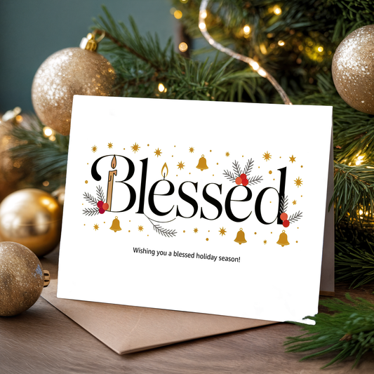Christmas card with the word "Blessed" in front of a decorated tree