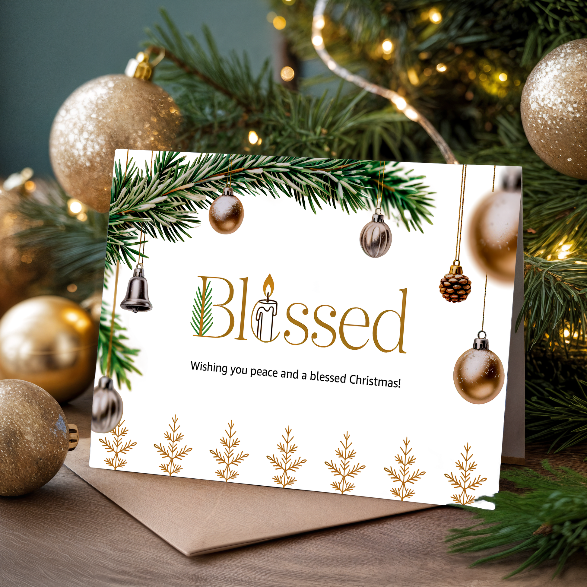 Christmas greeting card with the word "Blessed" and festive elements