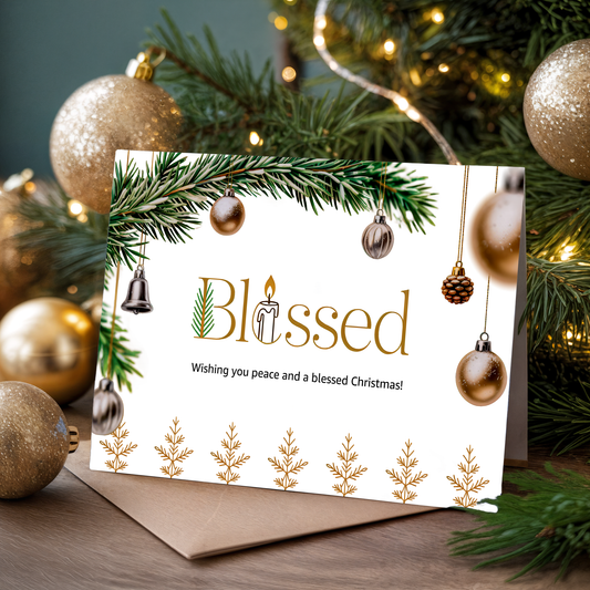 Christmas greeting card with the word "Blessed" and festive elements