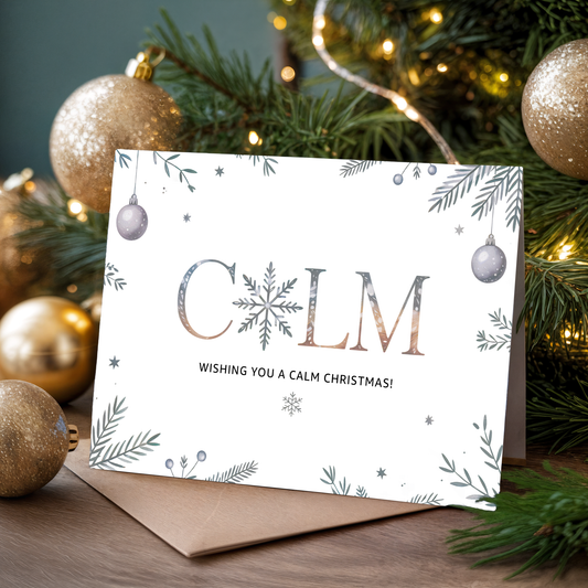 Christmas card with the word "Calm" and festive decorations on a tree background