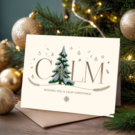 Christmas card with tree and the word "Calm", surrounded by festive decorations.