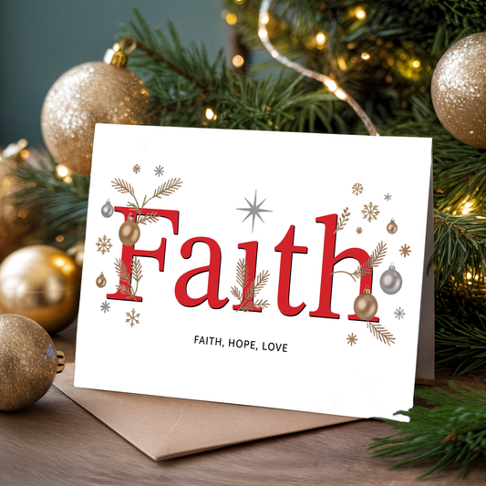 Christmas card with the word "Faith" in front of a decorated tree.