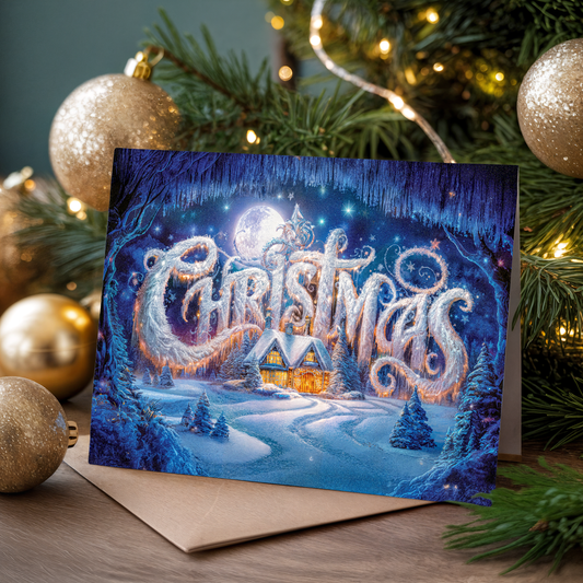 Christmas card with snowy landscape and "Christmas" text, surrounded by festive decorations.