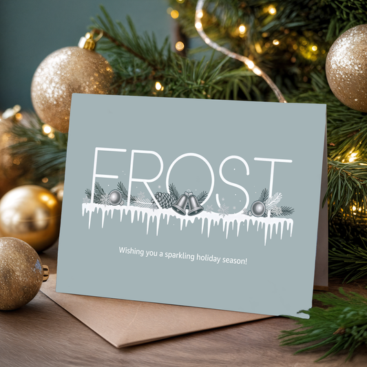 Christmas card with "Frost" design and festive decorations in the background