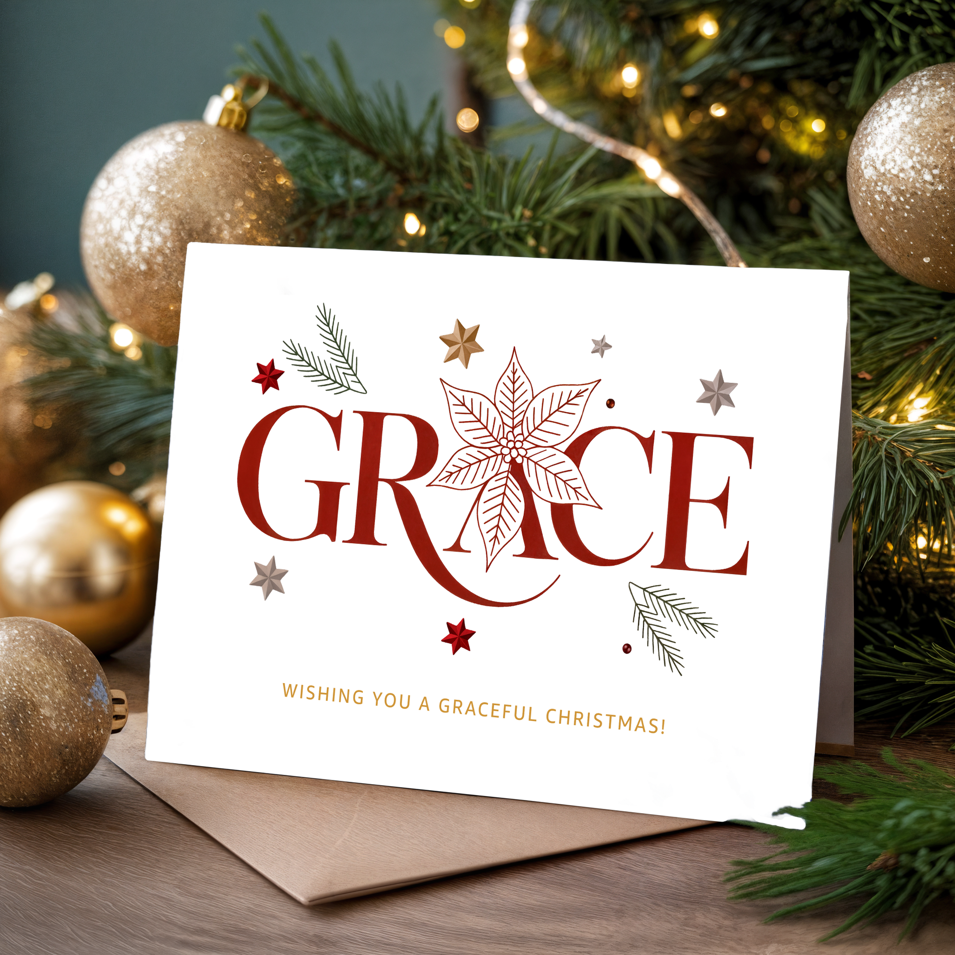Christmas card with "GRACE| and festive decorations in front of a Christmas tree.