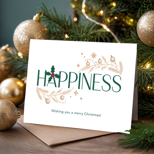Christmas greeting card with the word "Happiness" and festive elements