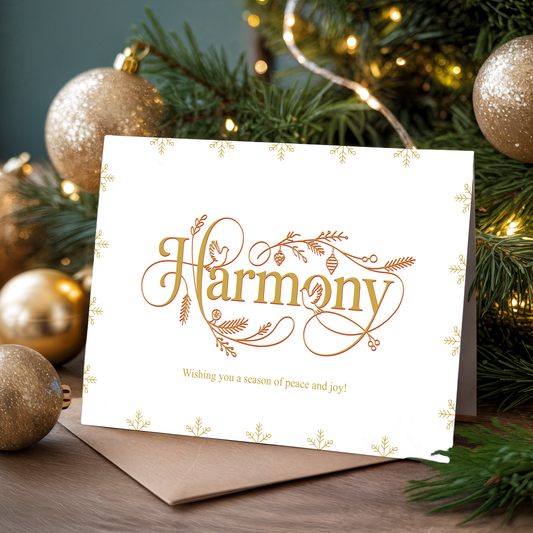 Christmas card with "Harmony" and festive decorations