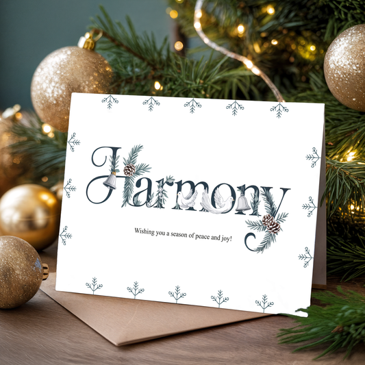 Christmas card with "Harmony" text and decorative elements, surrounded by festive ornaments and tree.