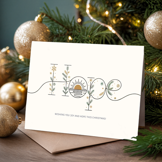 Christmas card with "HOPE" design in front of a decorated tree