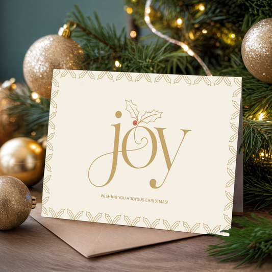 Christmas greeting card with the word "Joy" and festive elements