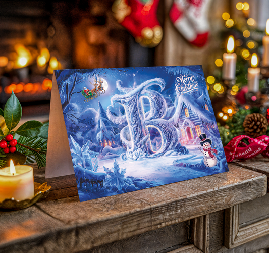 Christmas card with snowy village design and letter B on a wooden surface with festive decorations.