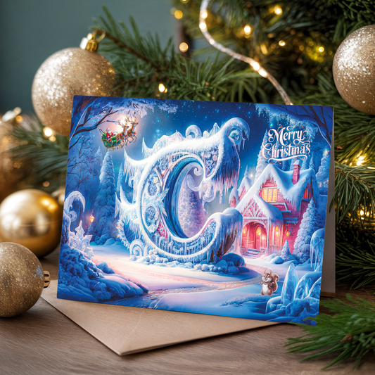 Christmas card with icy landscape and house, letter C surrounded by festive decorations.