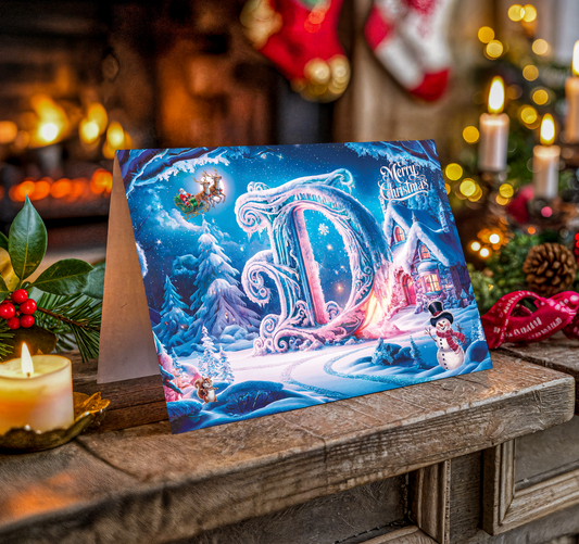 Decorative Christmas card with festive design and letter D on a wooden surface with candles and stockings.