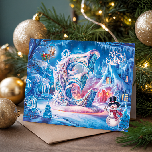 Christmas card with a snowy scene and Santa Claus, letter E surrounded by festive decorations.