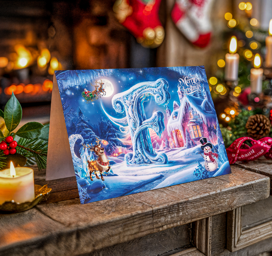 Christmas card with winter scene featuring Santa, letter F, reindeer, and snowman on a wooden surface with candles and decorations.
