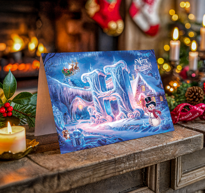 Christmas card with letter H, icy village scene on a wooden surface with festive background