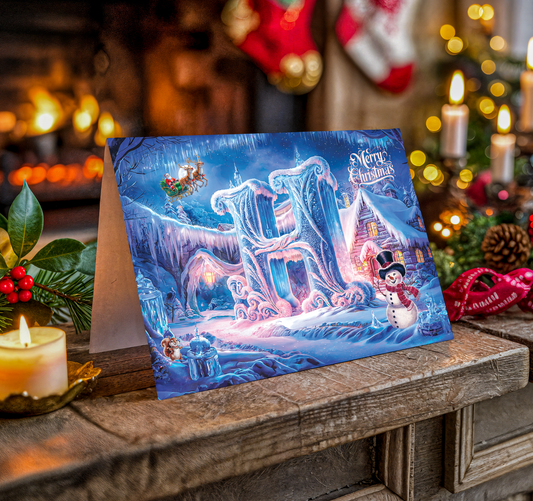 Christmas card with letter H, icy village scene on a wooden surface with festive background