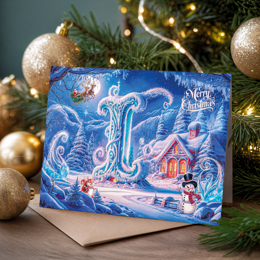 Christmas card with letter I,  a snowy village scene, envelope, and festive decorations.
