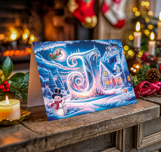 Christmas card with letter J, Santa Claus and snowman on a decorative surface with candles and lights.