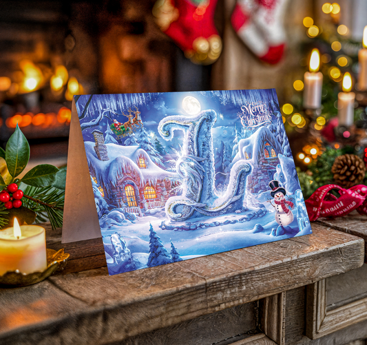 Christmas card with letter L, snowy village design on a wooden surface with festive decorations.
