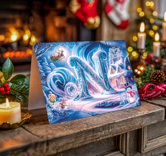 Christmas card with letter N, festive design on a wooden surface with candles and decorations.