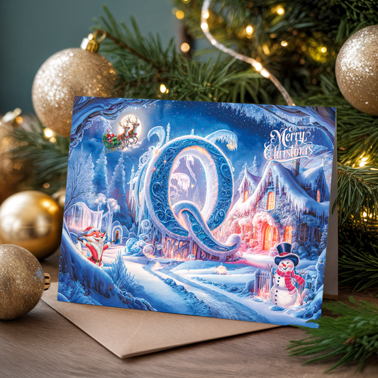Christmas card with letter Q, Santa Claus and a snowman in front of a decorated Christmas tree.