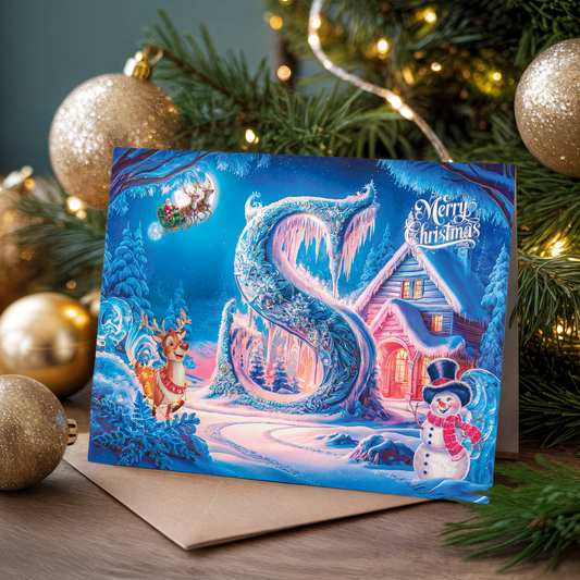 Christmas card with letter S, a snowy village scene, Santa, reindeer, and snowman, surrounded by Christmas decorations.