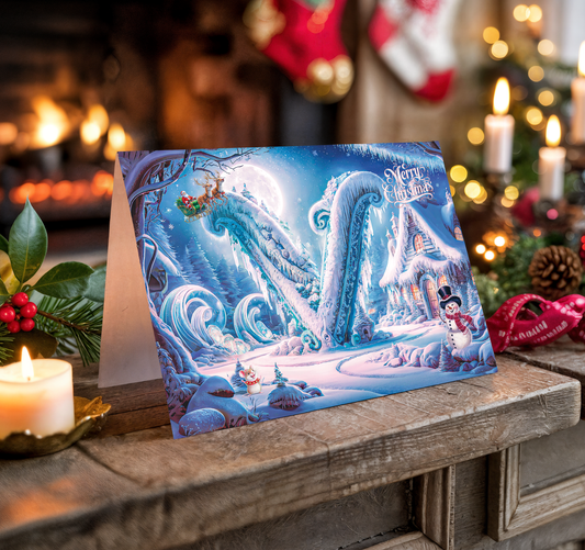 Christmas card with letter V and a snowy scene on a wooden surface with festive background