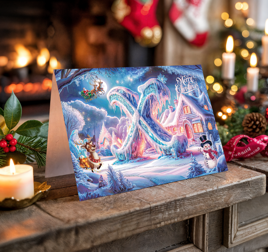 Christmas card with winter scene featuring reindeer and snowman on a wooden surface with festive background.