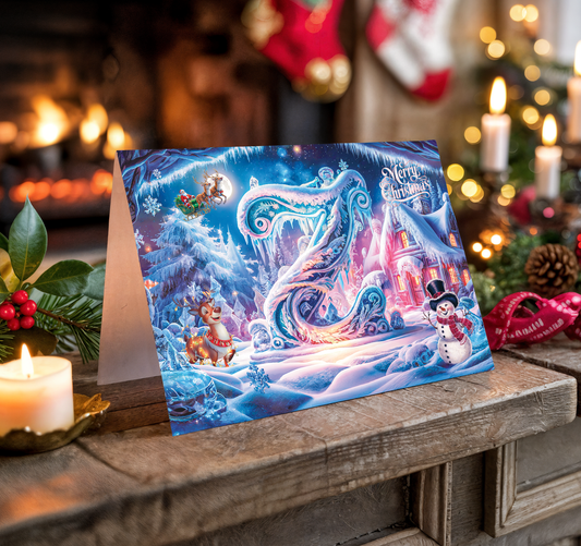 Decorative Christmas card with a festive design featuring a sleigh, reindeer, and snowman on a wooden surface.