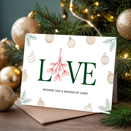 Christmas greeting card with the word "Love" and festive elements