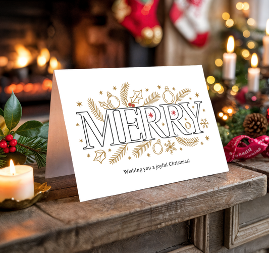 Christmas card with "Merry" and festive decorations on a wooden surface.