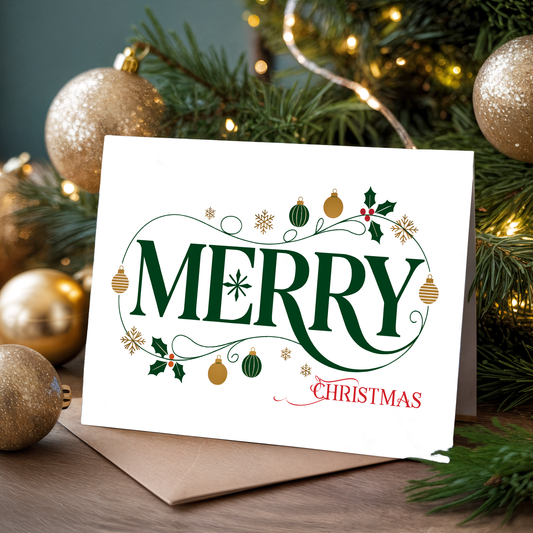 Christmas greeting card with the word "Merry" and festive elements