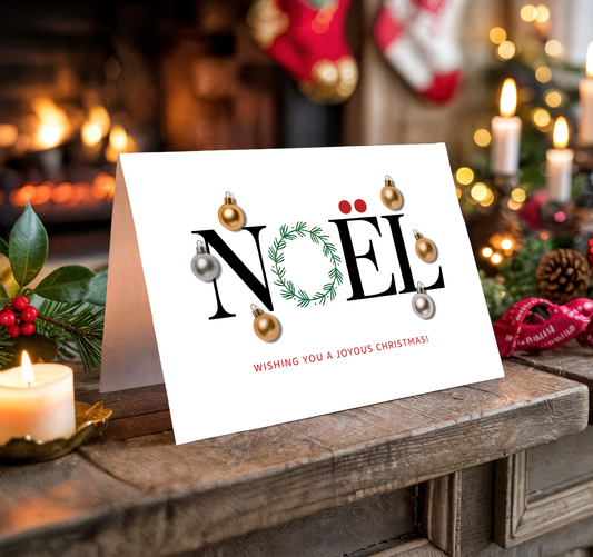 Christmas greeting card with the word "Noël" and festive elements