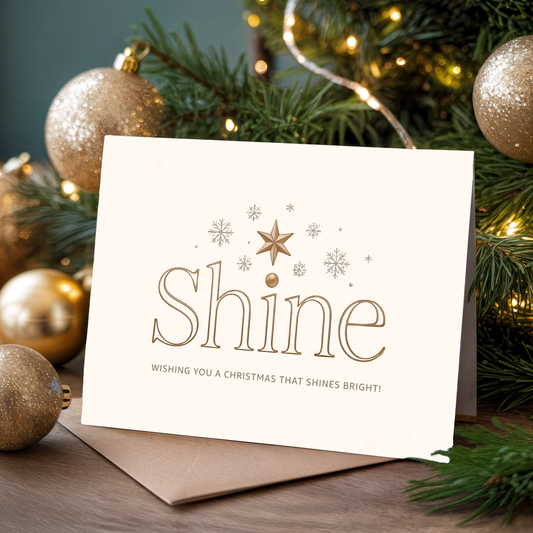 Christmas greeting card with the word "Shine" and festive elements