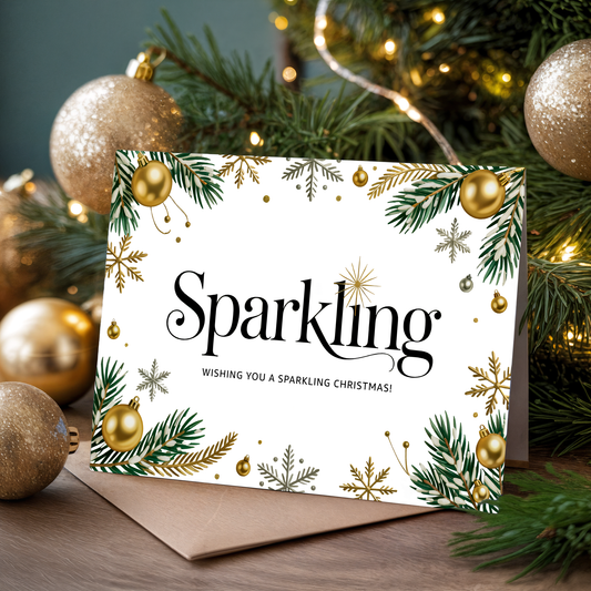 Christmas greeting card with the word "Sparkling" and festive elements