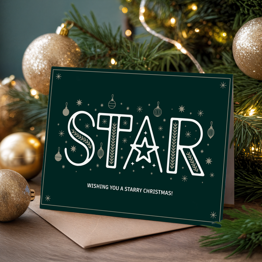 Christmas card with "STAR" design and festive decorations