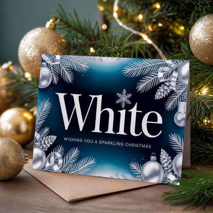 Christmas greeting card with the word "White" and festive elements