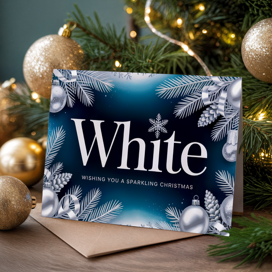 Christmas greeting card with the word "White" and festive elements