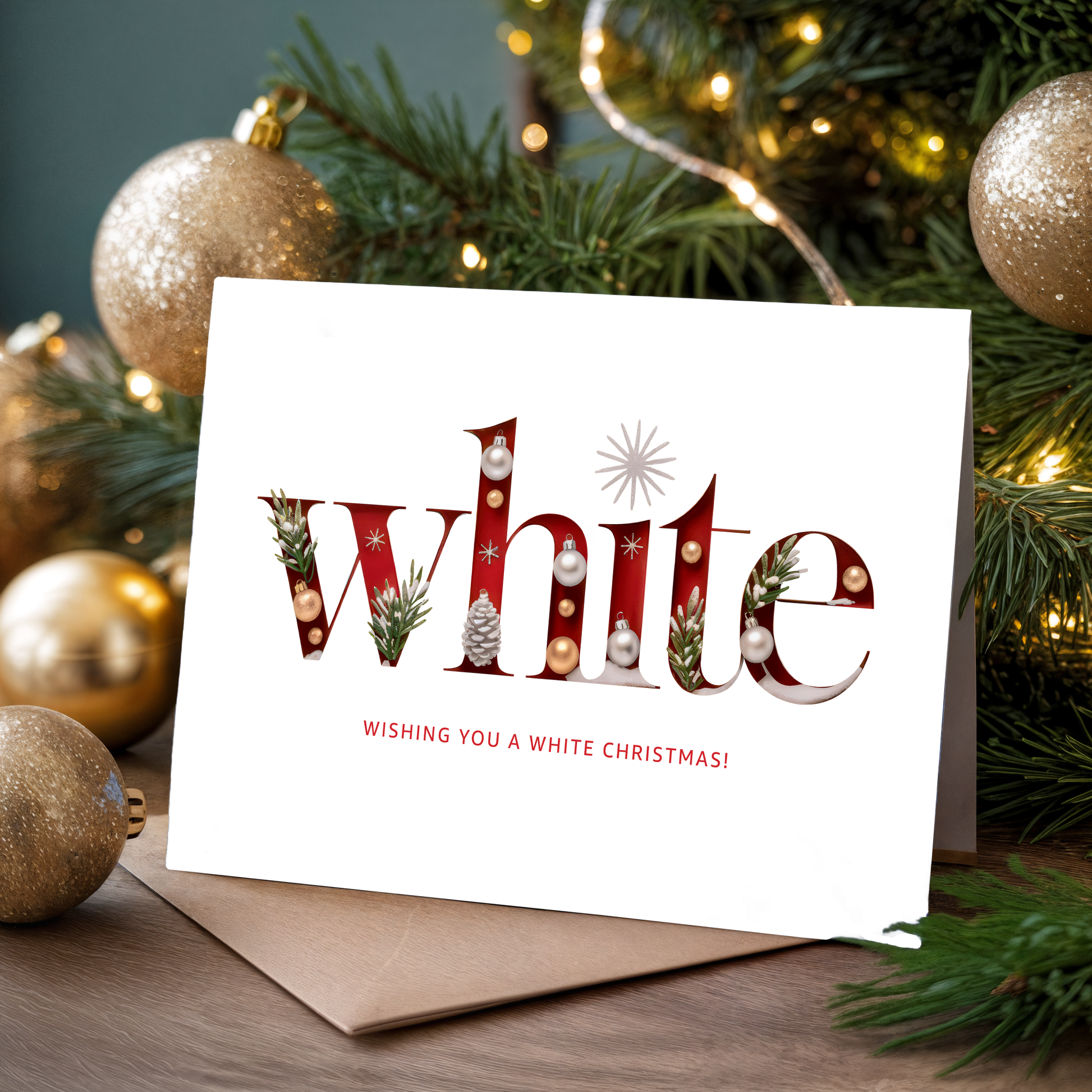 Christmas greeting card with the word "White" and festive elements